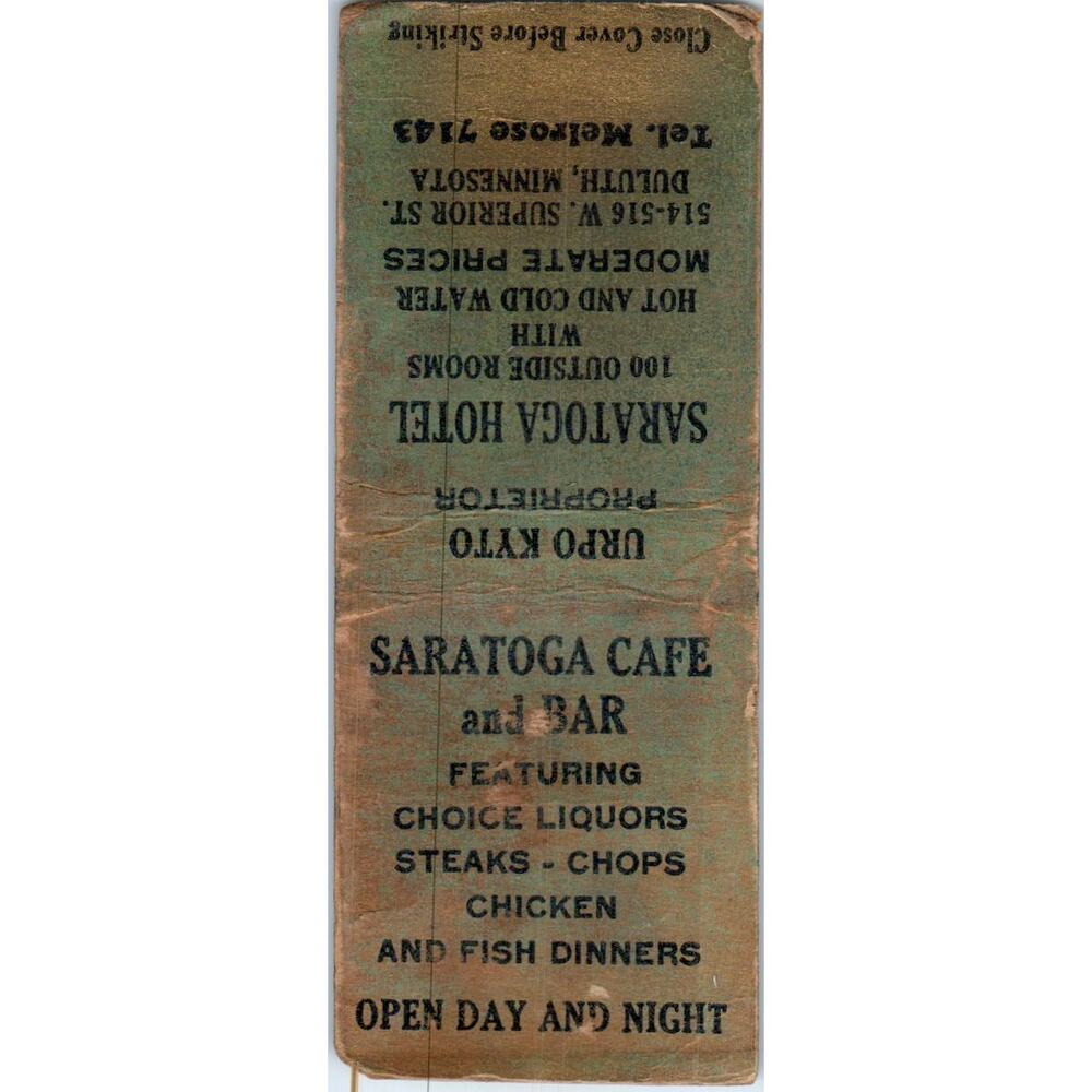 Saratoga Hotel Cafe and Bar Duluth MN Vintage Matchbook Cover SF4-Y2